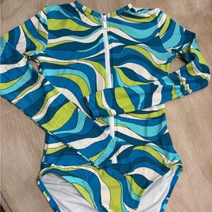 Michael Kors Blue and Green Patterned Swimsuit with zipper